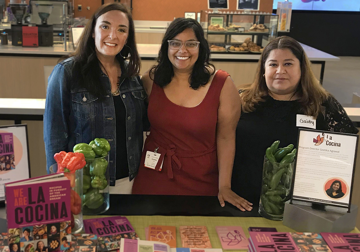 Communications & Engagement Manager Emilie Zanger, La Cocina Program Director Geetika Agrawal, and Delicioso Crêperie Chef-Owner Gaby Guerrero