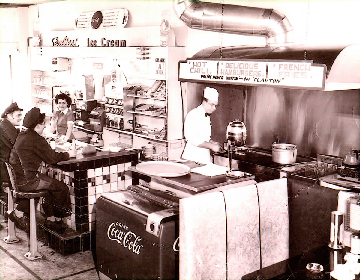 Black and white photo of a diner from 1949