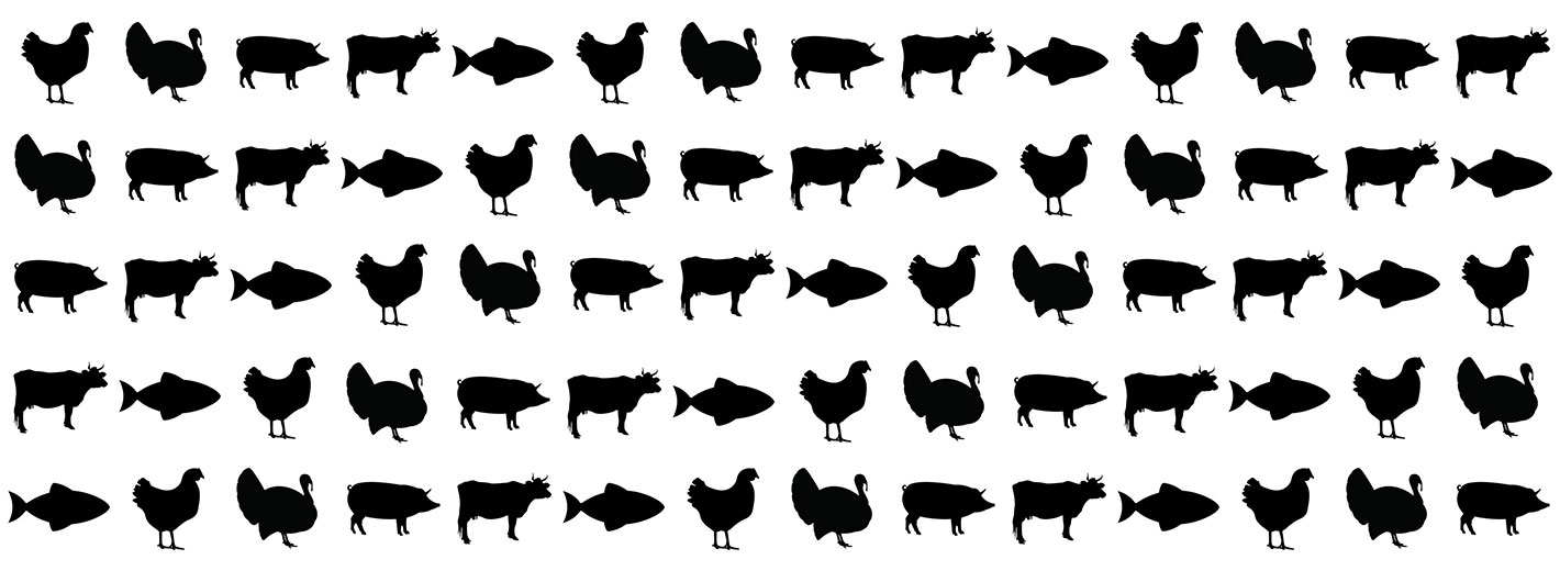 silhouettes of cows, pigs, chicken, turkey, and fish