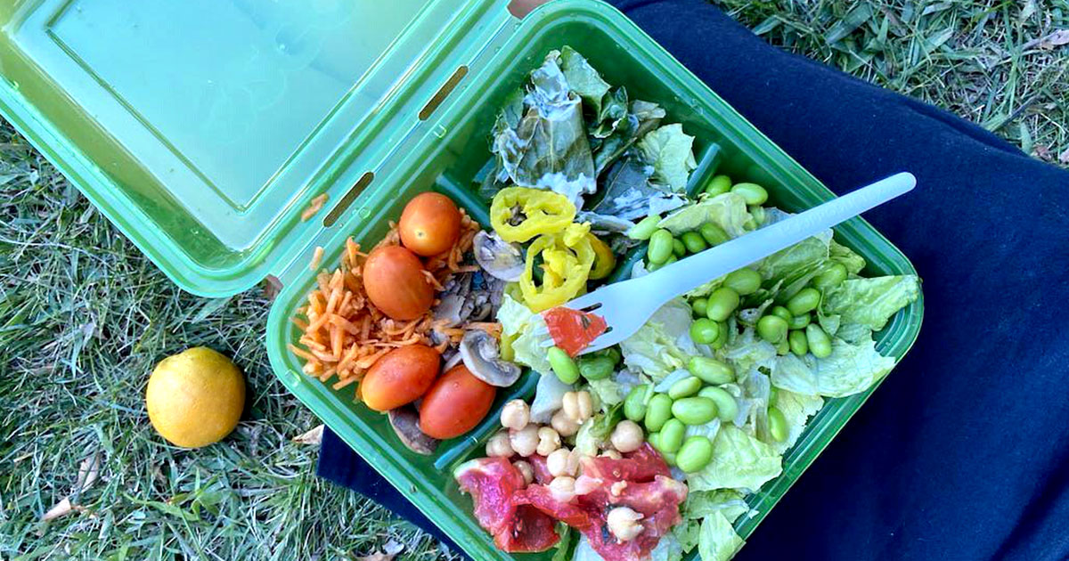 A reusable to-go clamshell
