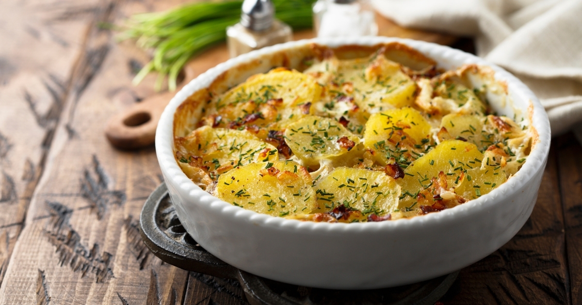 Yukons au gratin in a dish